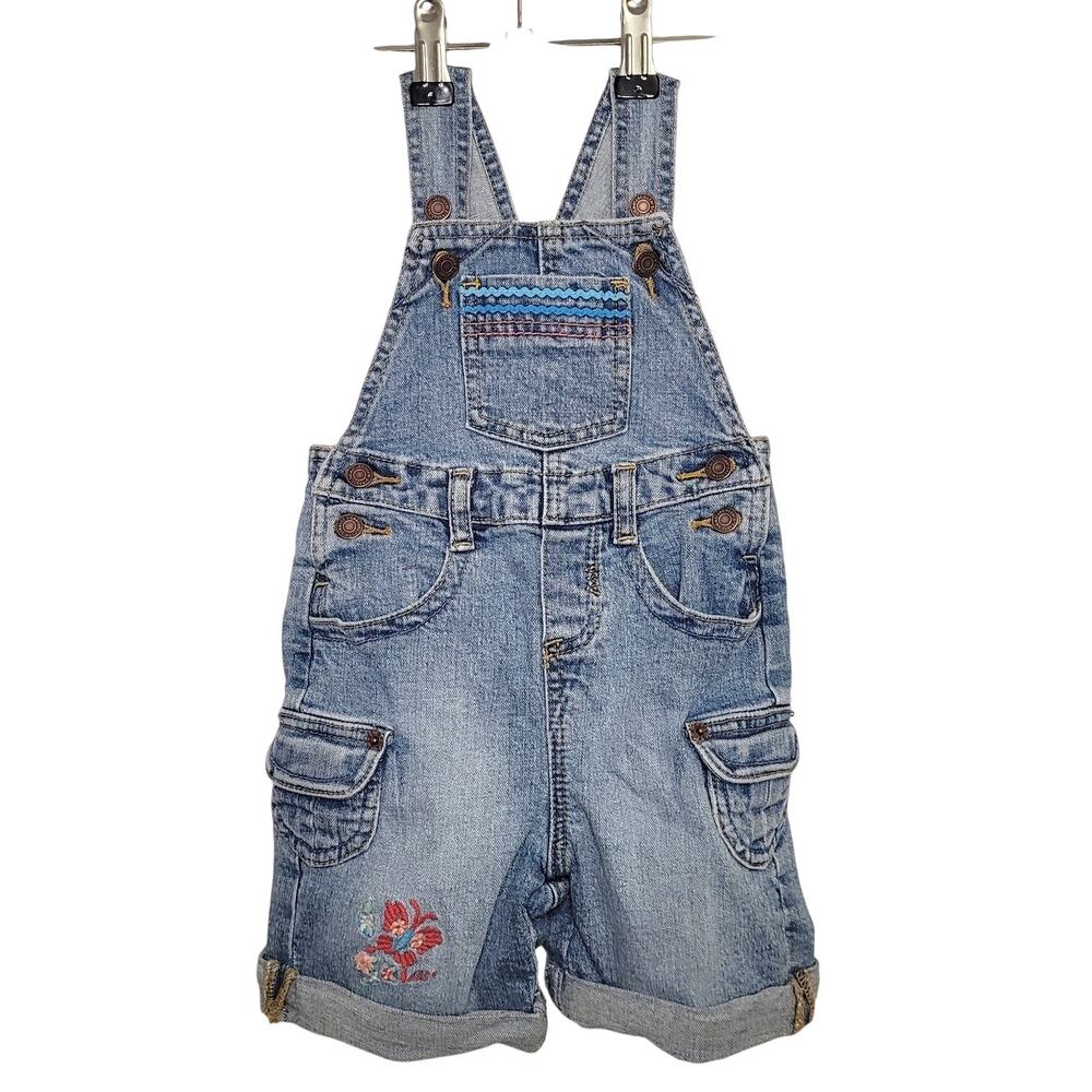 Vintage Girls Denim Short Overalls Embroidered Floral Pocket Jean Romper 18 Mon